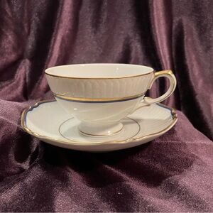 Vintage Mikasa Gold and Blue Trimmed Teacup and Saucer Set